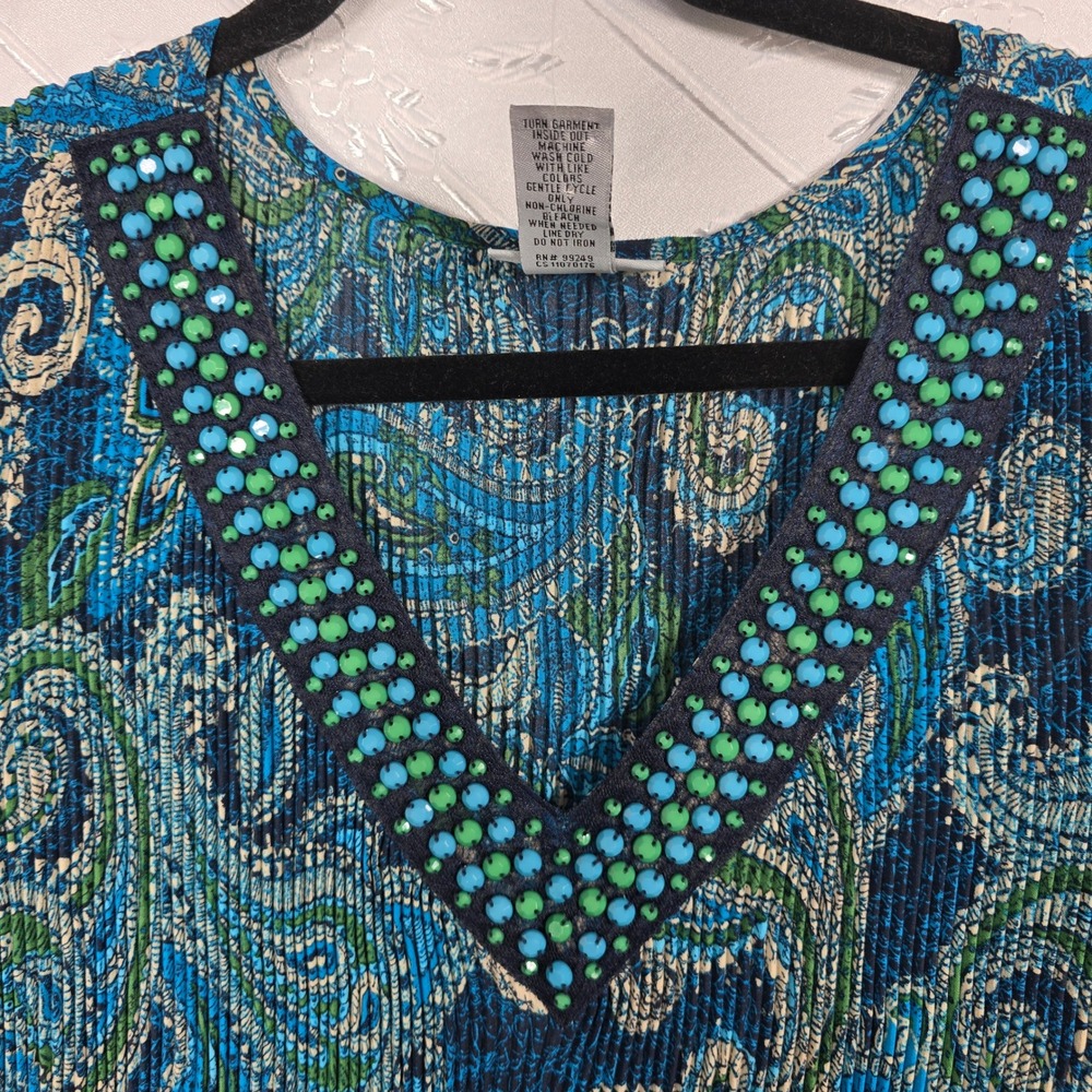 Catherines Womens 0X 14/16W Paisley Plisse Beaded V-Neck Bell Sleeve Tunic Top - Picture 5 of 11